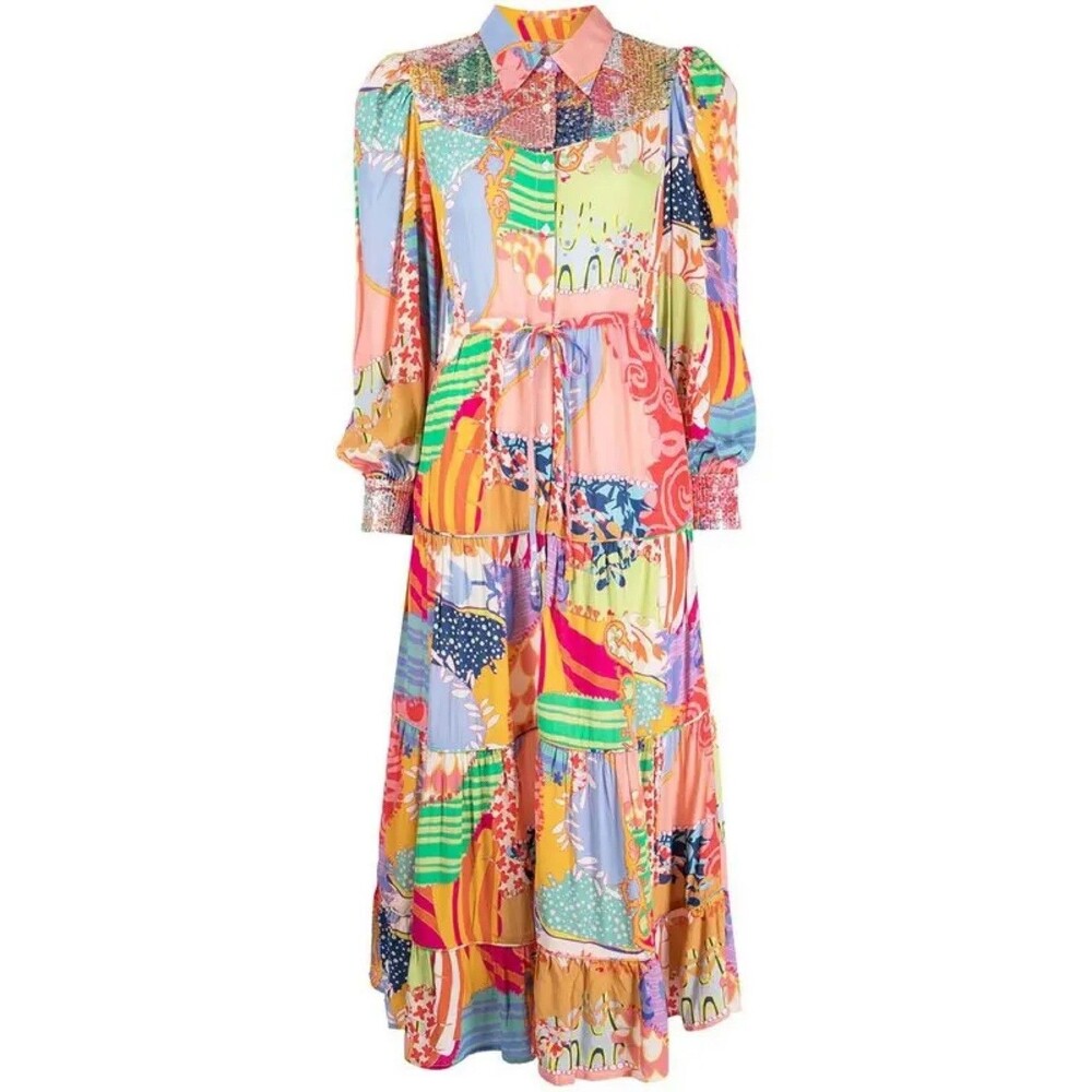 Celia B Toba Dress M Multicolor Patchwork Sequin Yoke Maxi Shirt Dress
